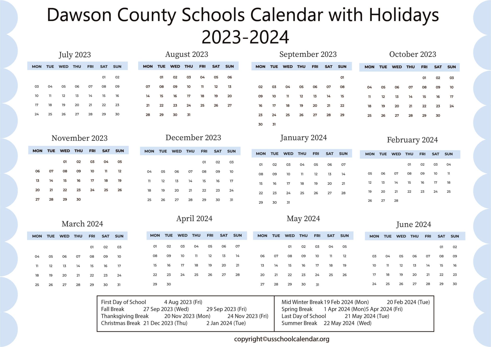 Dawson County Schools Calendar with Holidays 20232024
