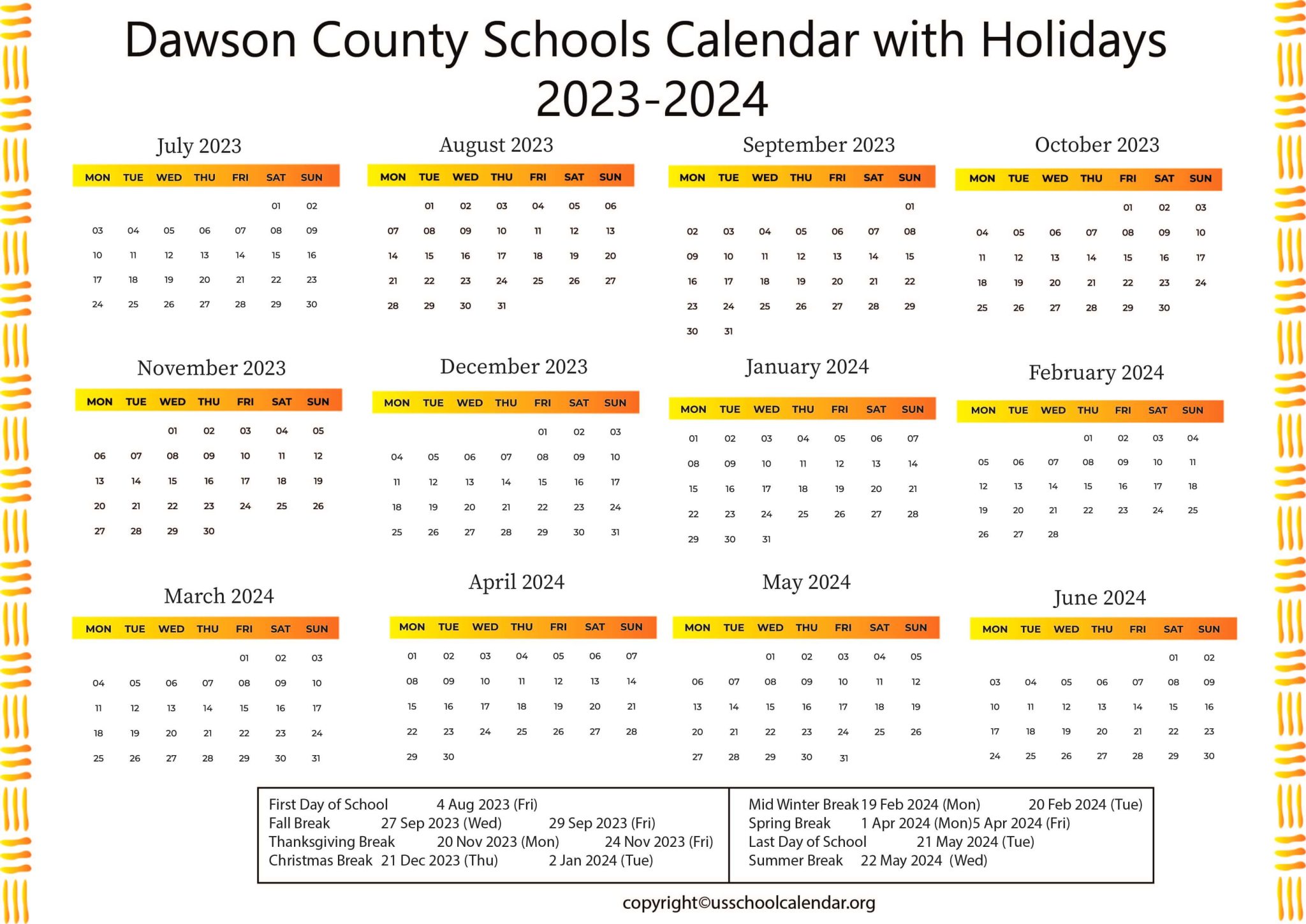 Dawson County Schools Calendar with Holidays 20232024