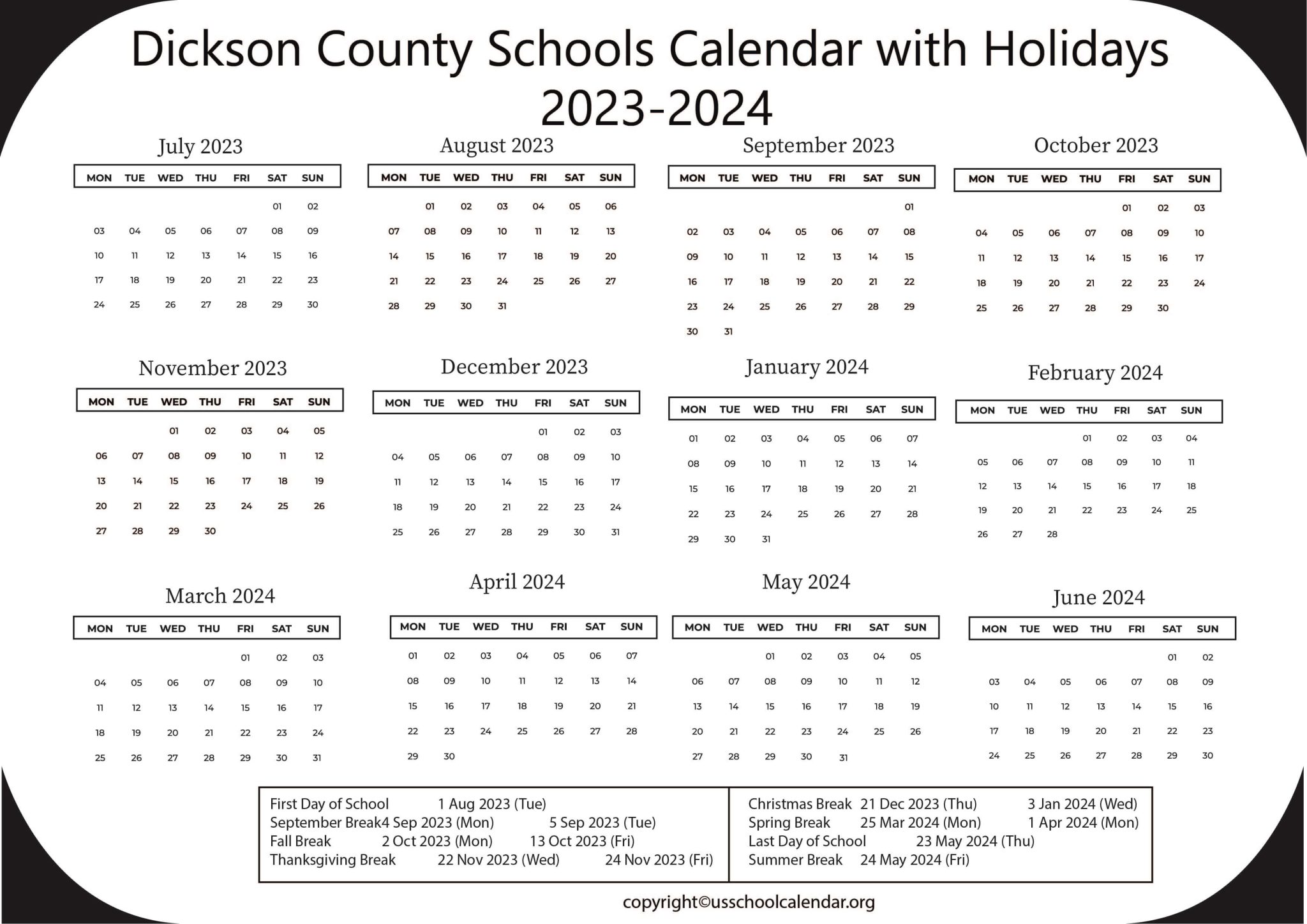 Dickson County Schools Calendar with Holidays 20232024