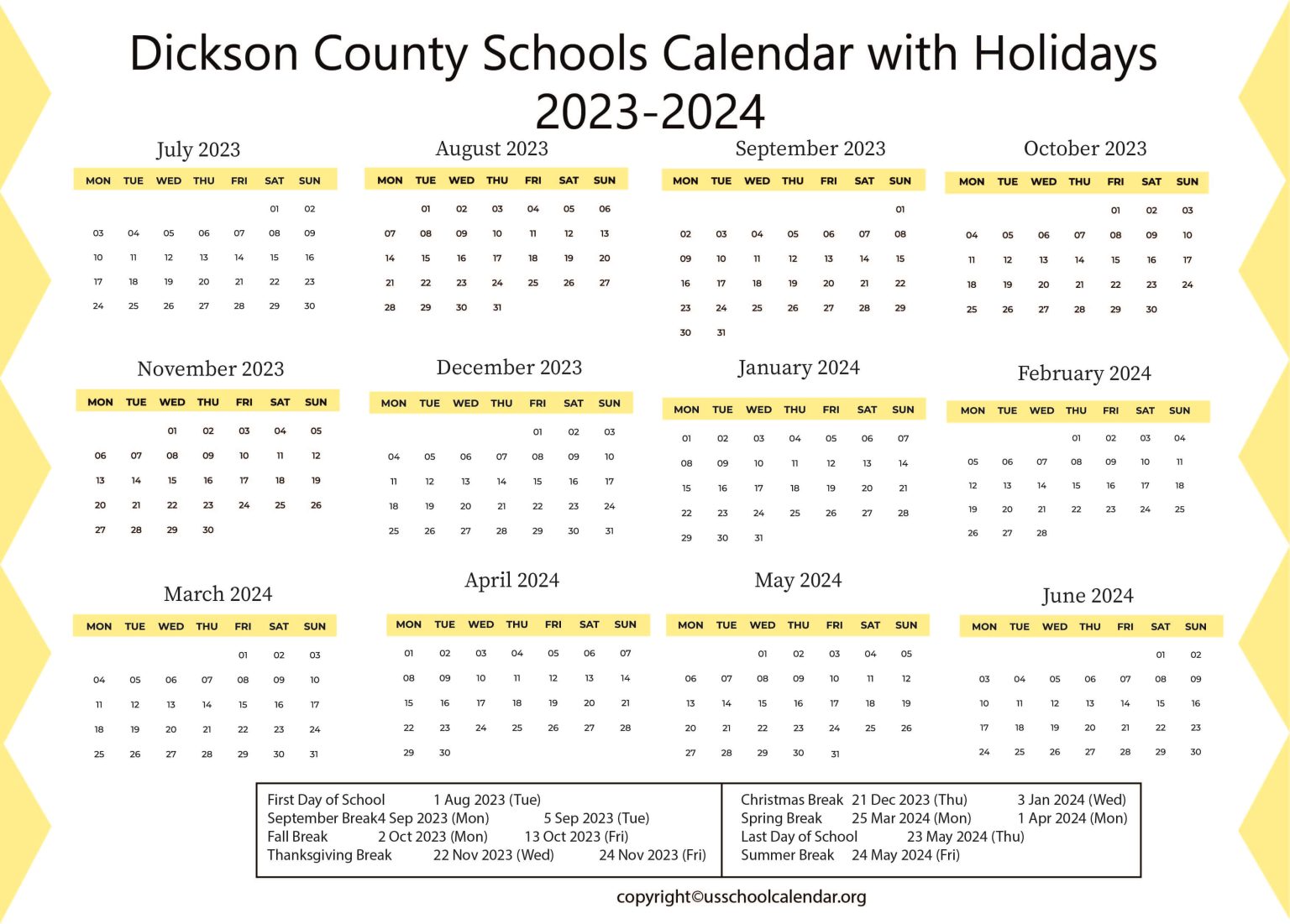 Dickson County Schools Calendar with Holidays 20232024