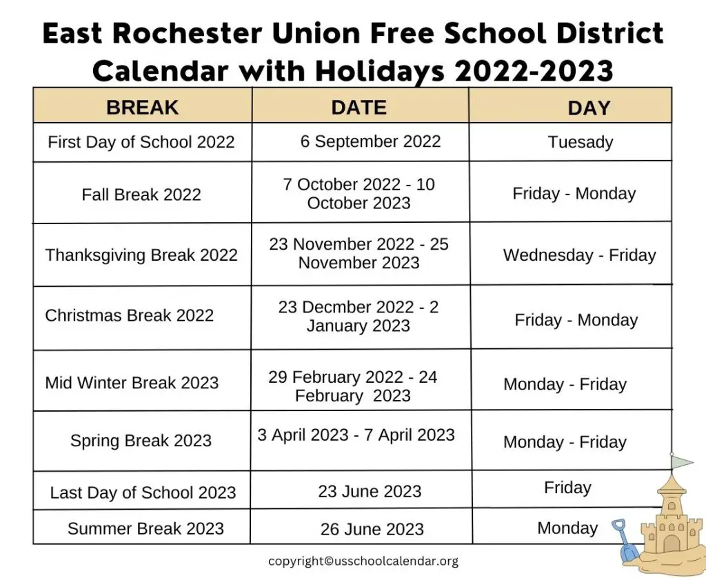 East Rochester Union Free School District Calendar with Holidays 2022-2023
