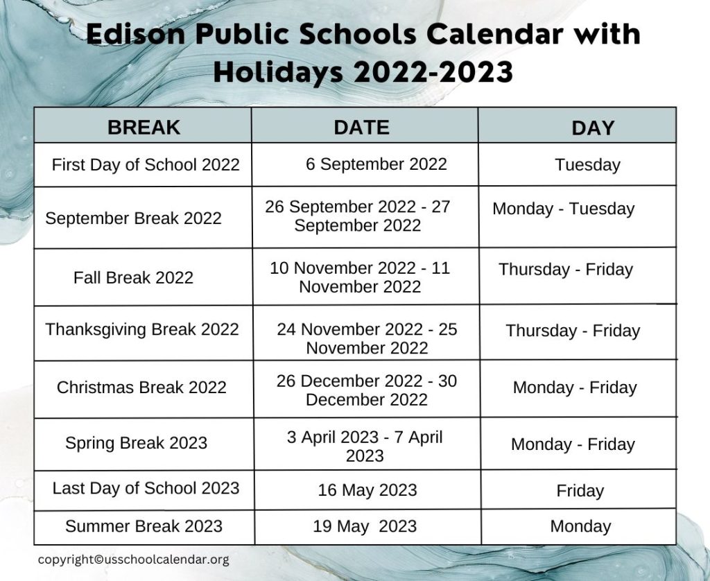 Edison Public Schools Calendar