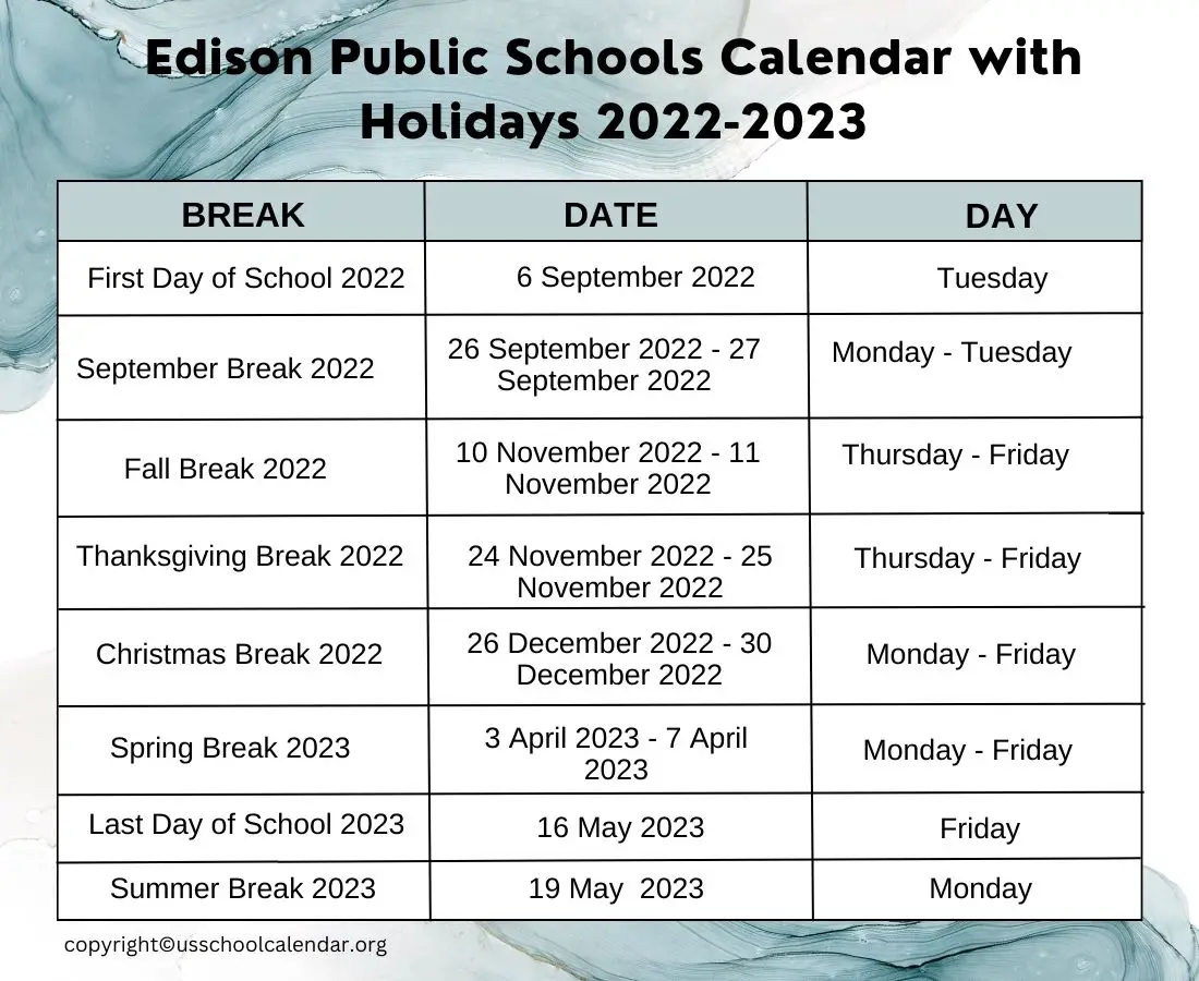 Edison Public Schools Calendar US School Calendar