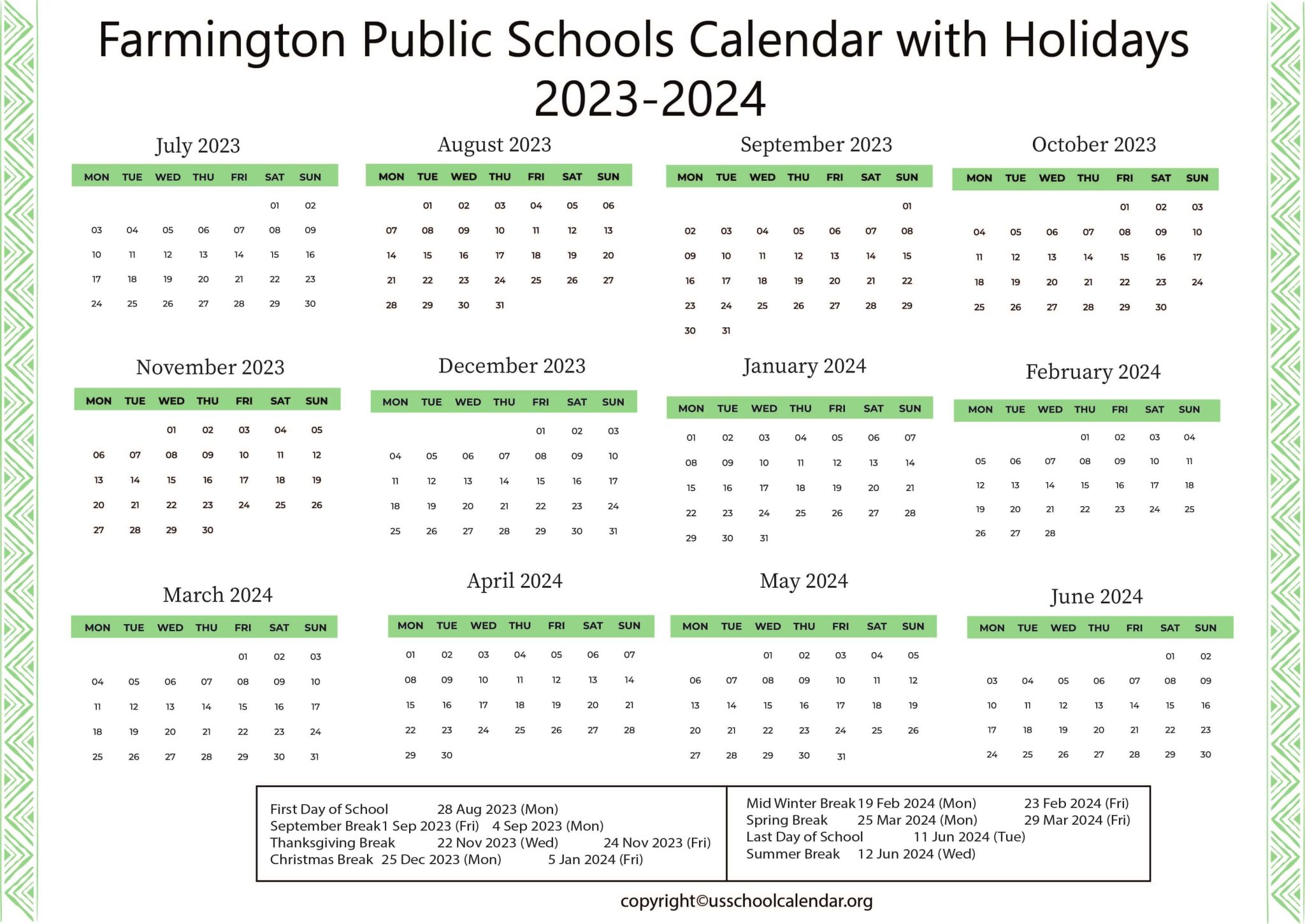 Farmington Public Schools Calendar with Holidays 20232024