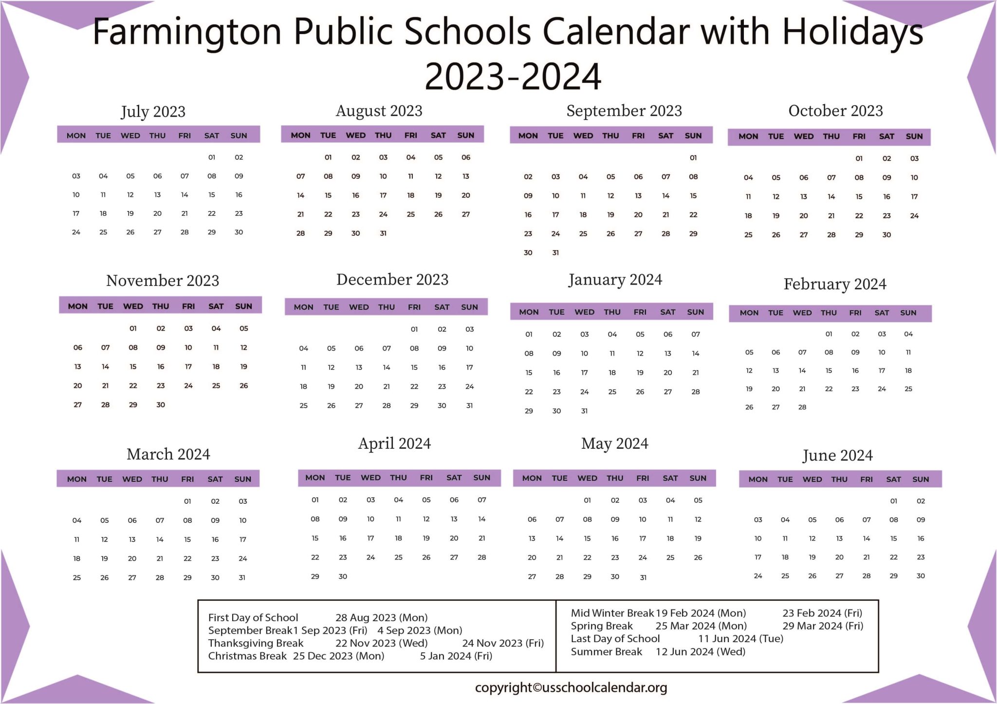 Farmington Public Schools Calendar with Holidays 20232024