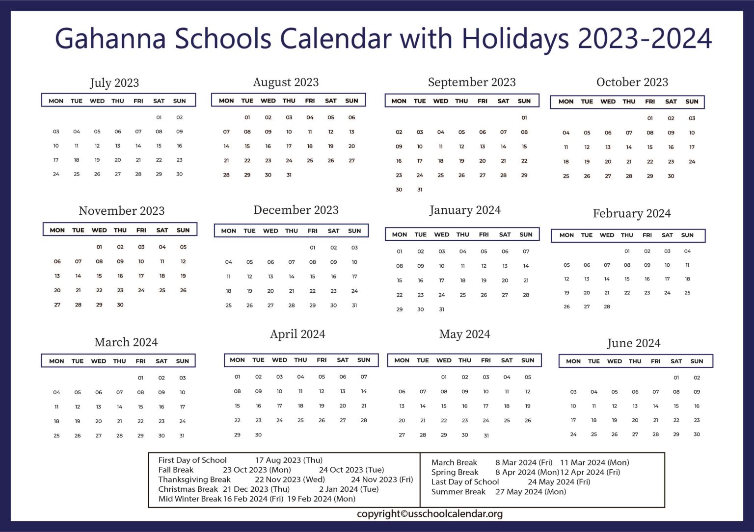 Gahanna Schools Calendar with Holidays 20232024