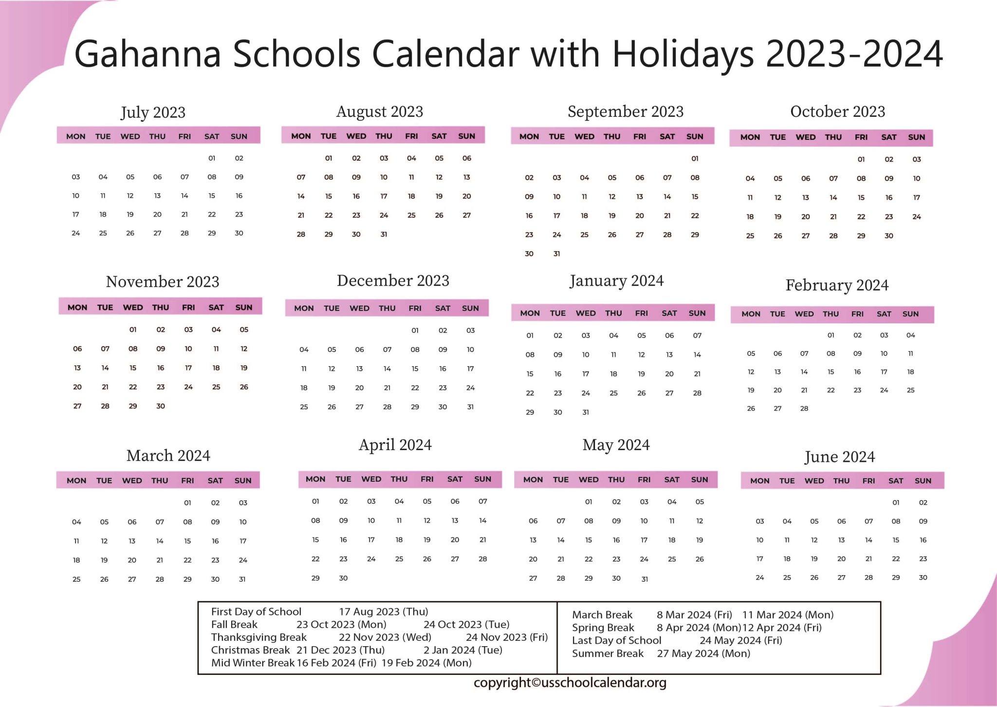 Gahanna Schools Calendar with Holidays 20232024