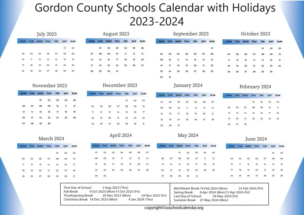 Gordon County Schools Calendar With Holidays 2023 2024