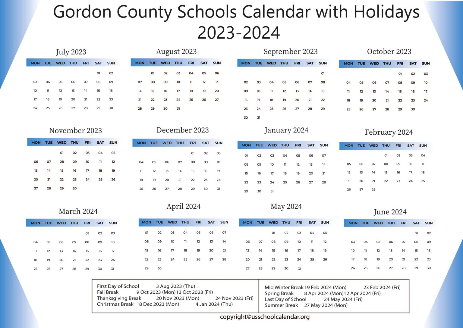 Gordon County Schools Calendar with Holidays 20232024