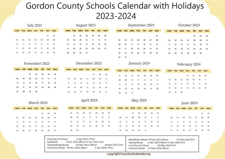 Gordon County Schools Calendar with Holidays 20232024