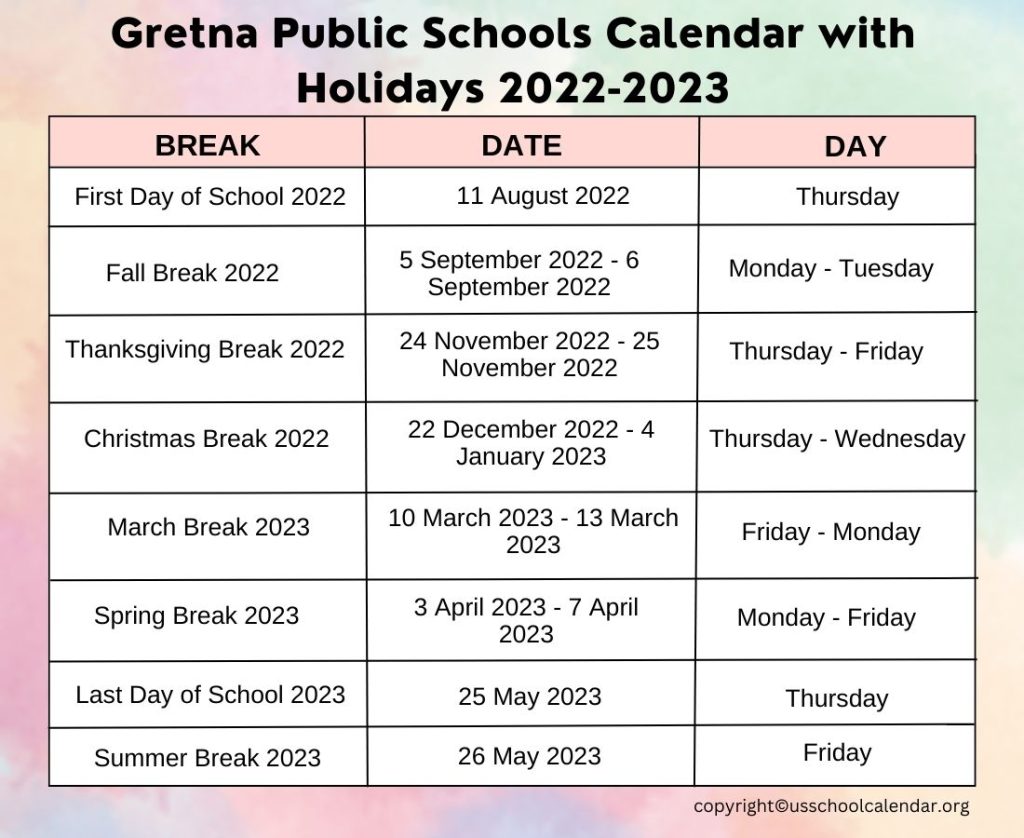 Gretna Public Schools Calendar