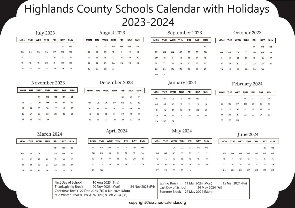 Highlands County Schools Calendar With Holidays 2023 2024
