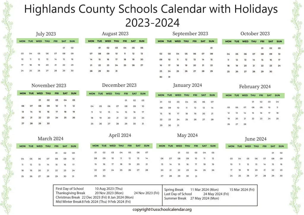 Highlands County Schools Calendar