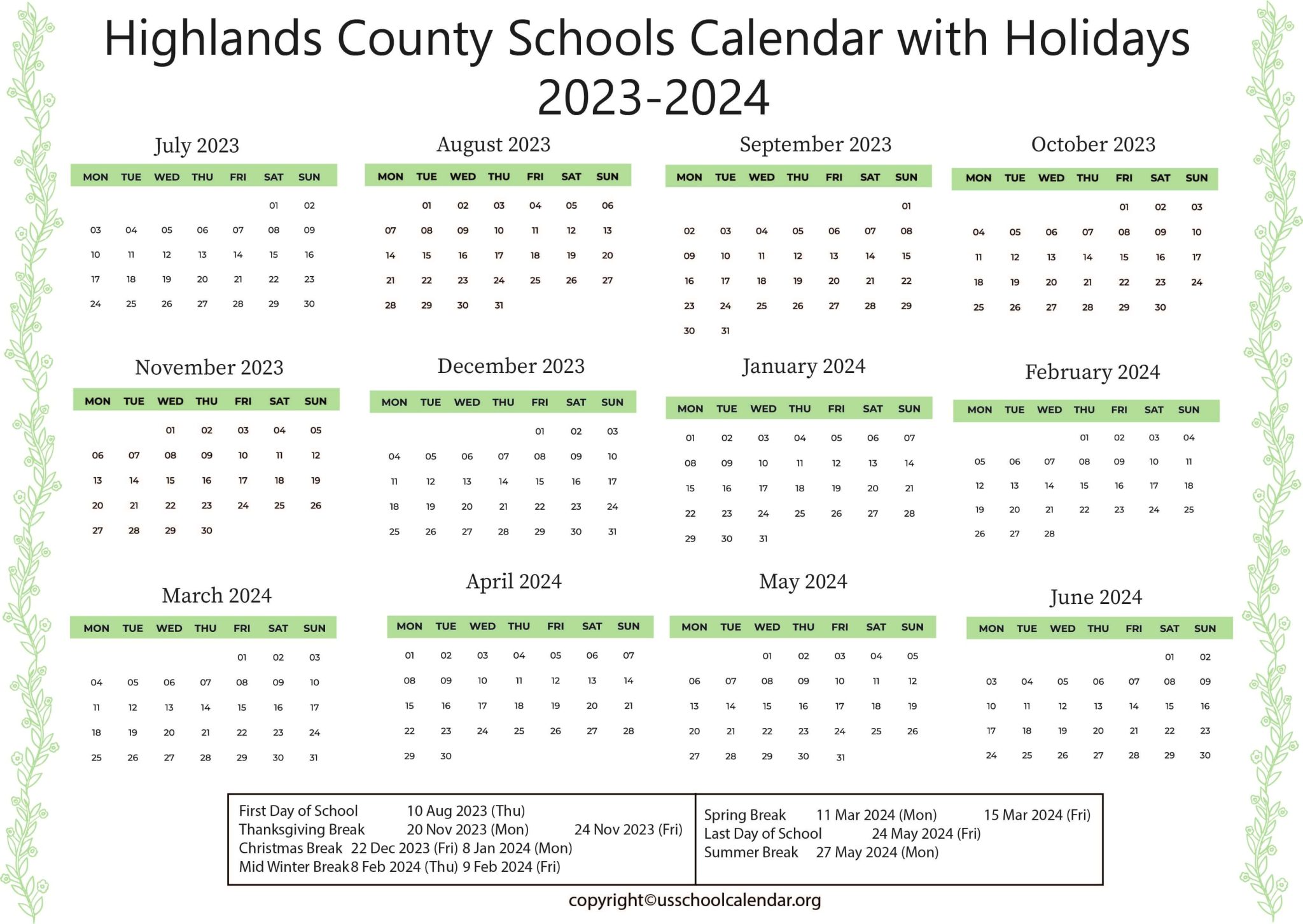 Highlands County Schools Calendar with Holidays 20232024