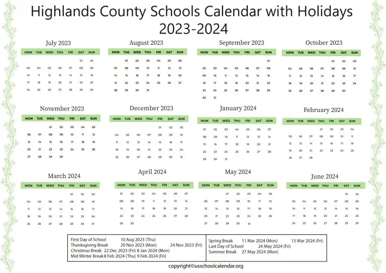 Highlands County Schools Calendar with Holidays 20232024