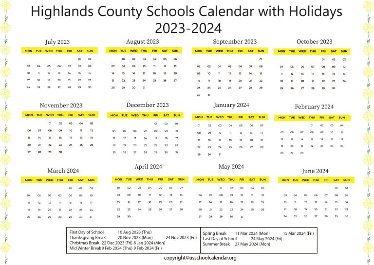 Highlands County Schools Calendar with Holidays 20232024