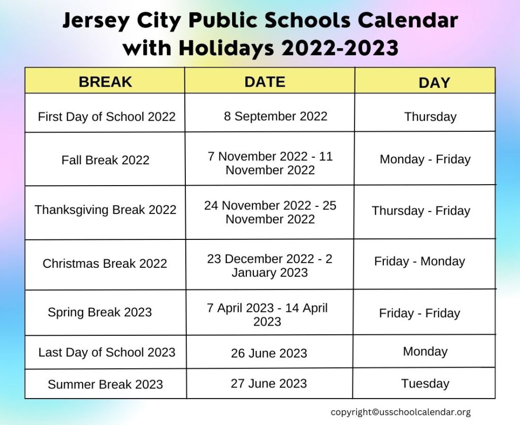 Jersey City Public Schools Calendar