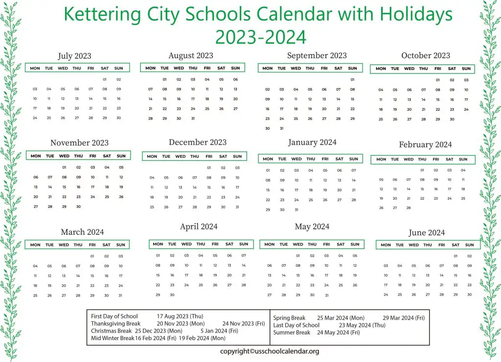 Kettering City Schools Calendar