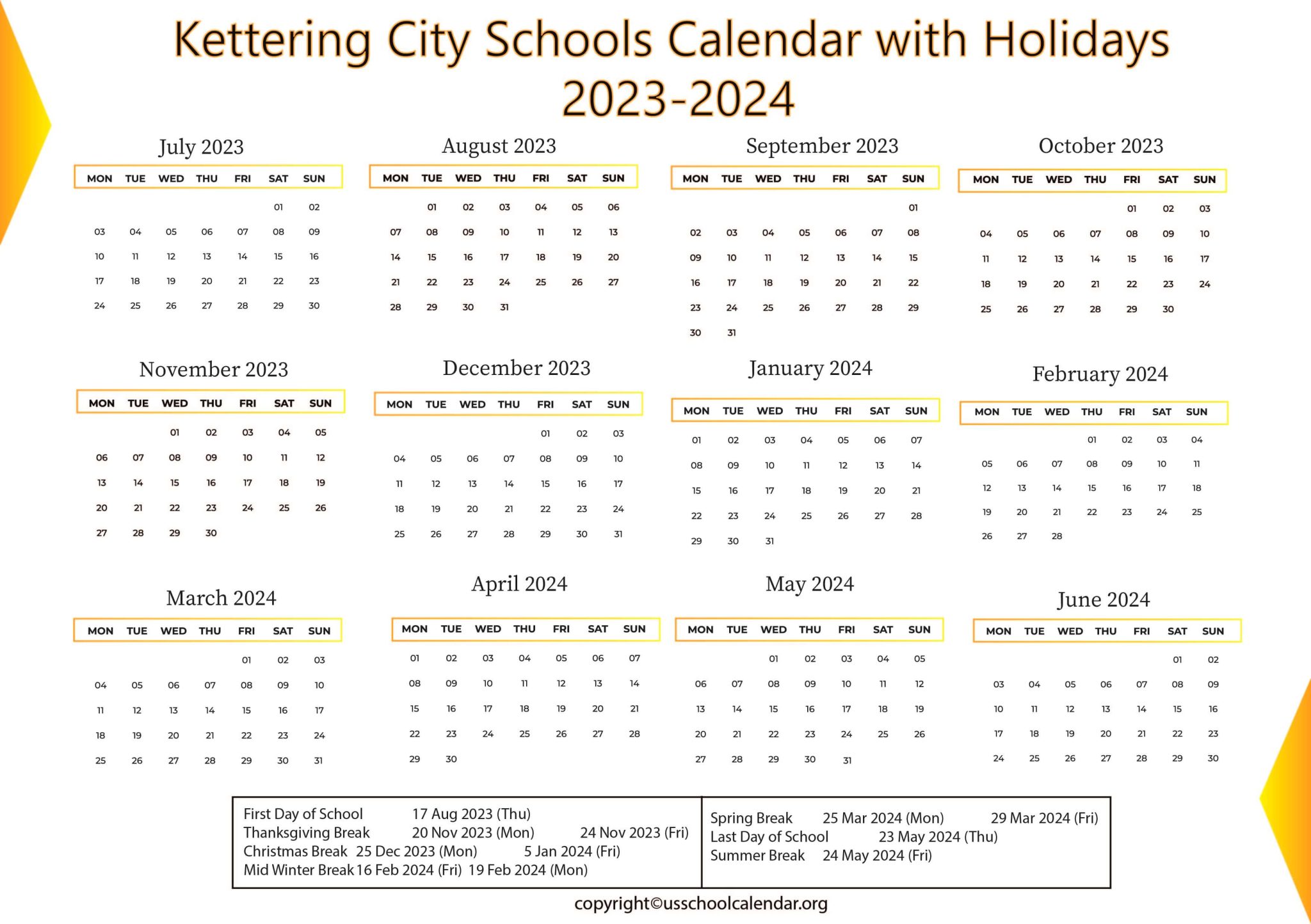 Kettering City Schools Calendar with Holidays 20232024