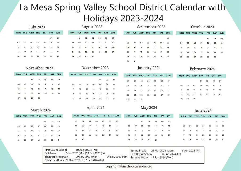 La Mesa Spring Valley School District Calendar