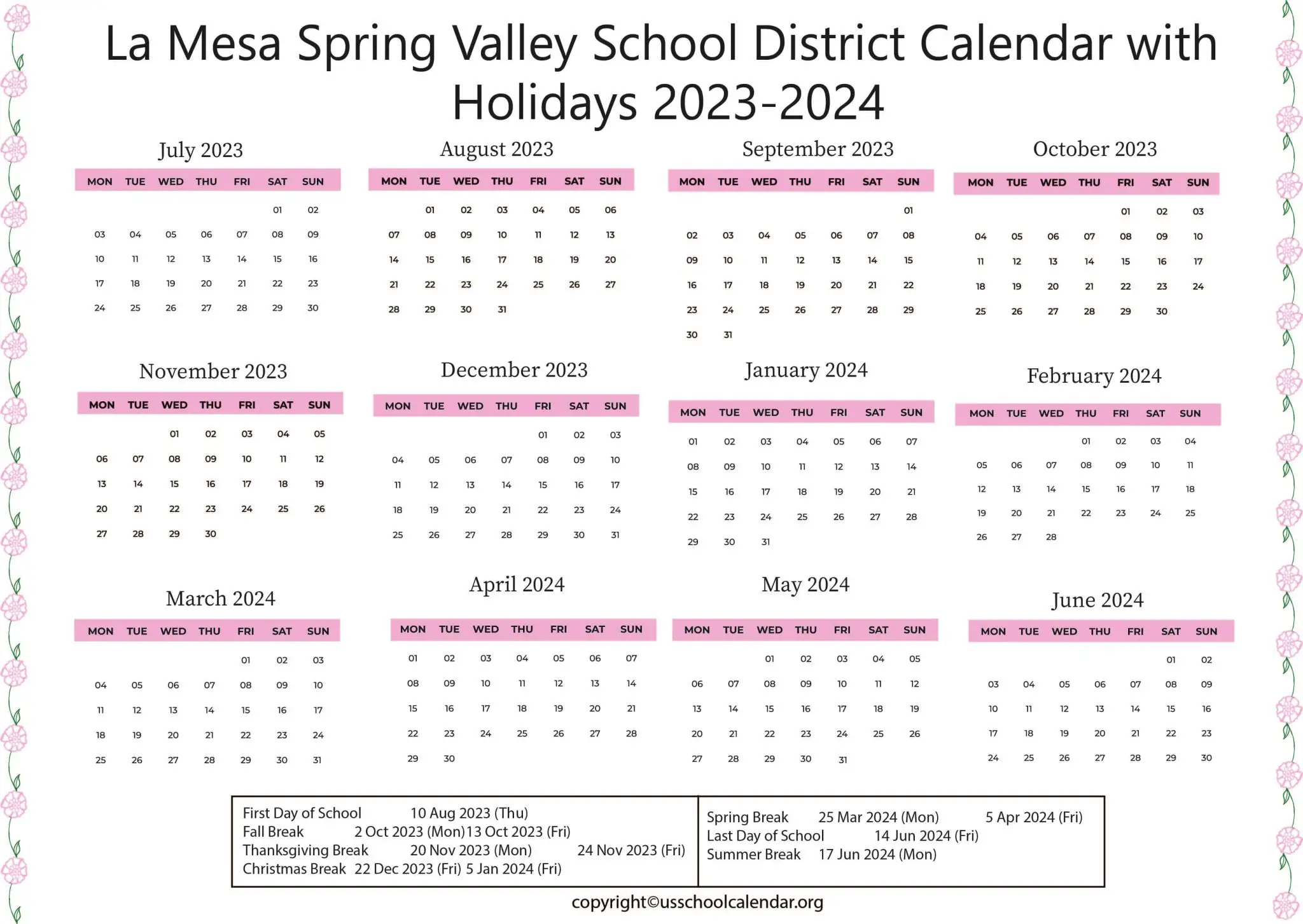 La Mesa Spring Valley School District Calendar for 20232024