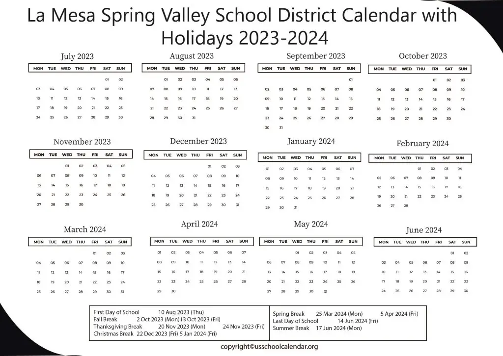 La Mesa Spring Valley School District Calendar