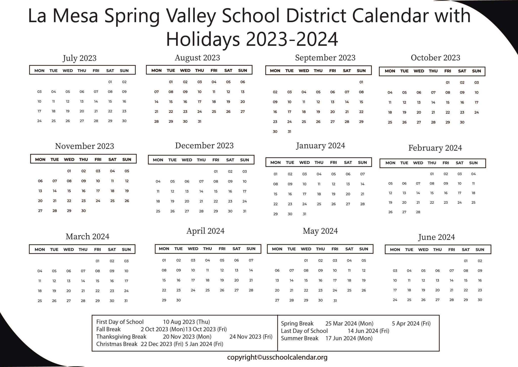 La Mesa Spring Valley School District Calendar for 20232024