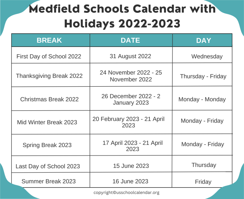 Medfield Schools Calendar with Holidays 2022-2023
