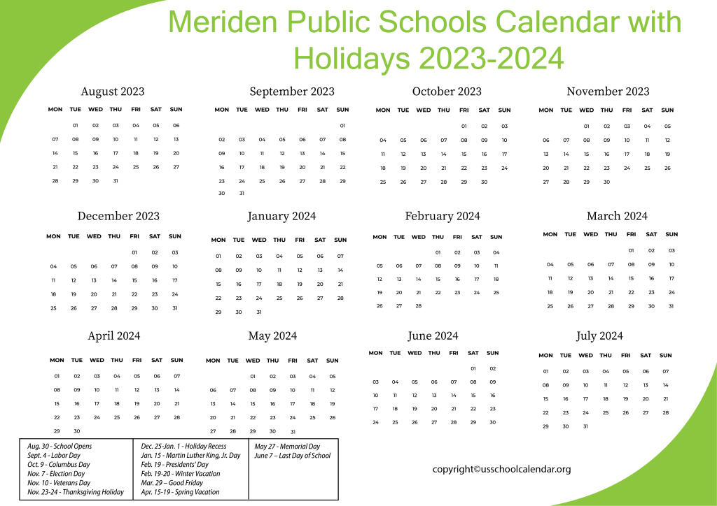 Meriden Public Schools Calendar with Holidays 2023-2024