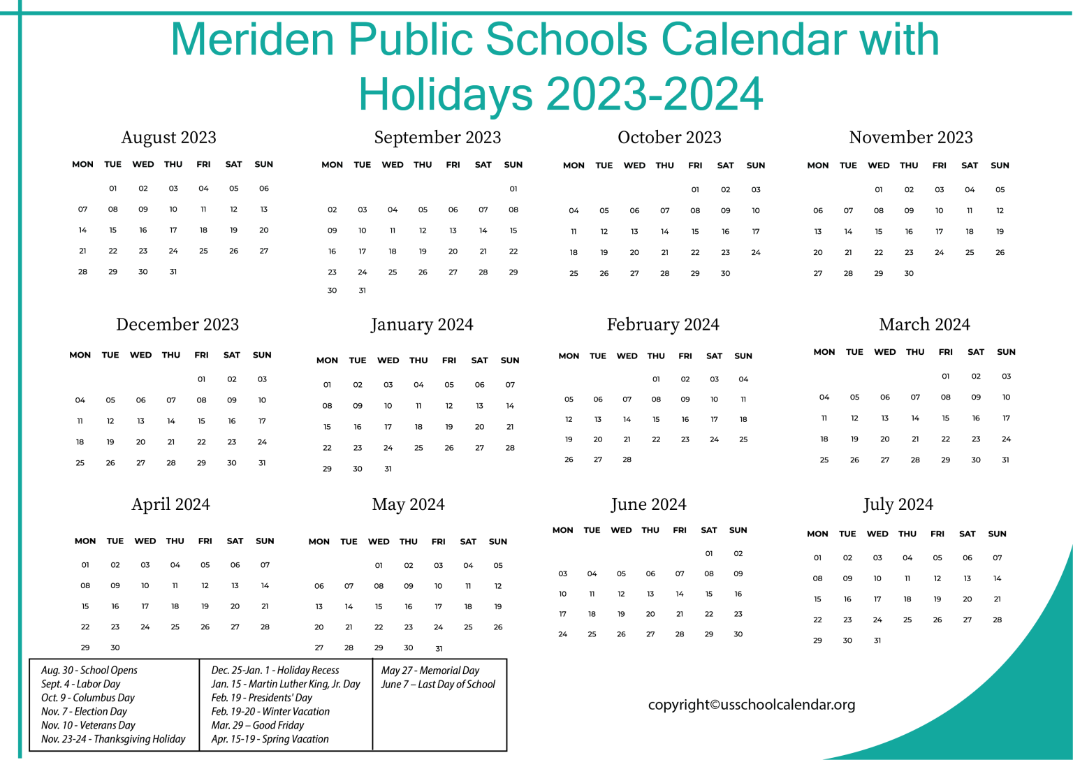 Meriden Public Schools Calendar with Holidays 20232024