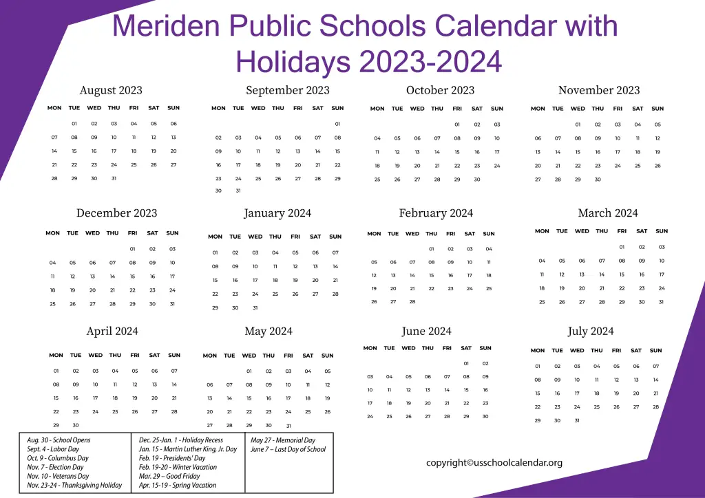 Meriden Public Schools Calendar with Holidays 2023-2024 3
