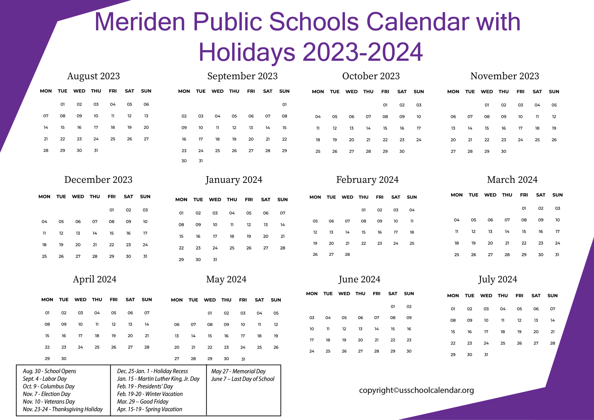 Meriden Public Schools Calendar with Holidays 20232024