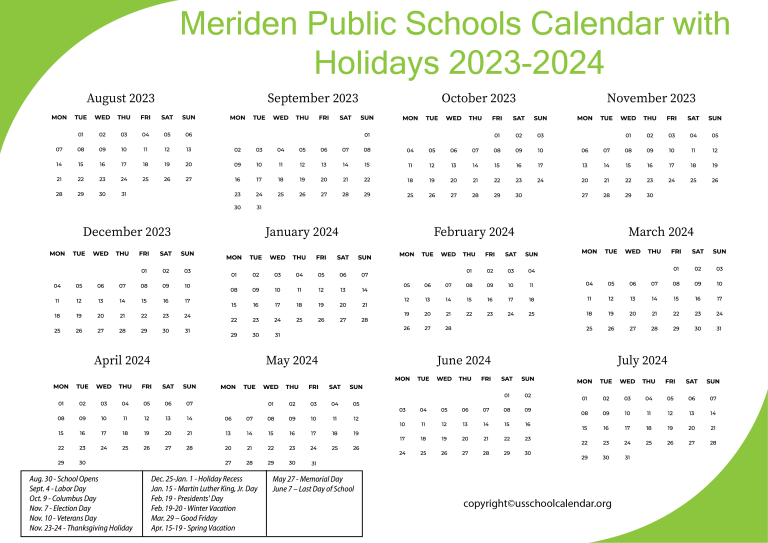 Meriden Public Schools Calendar with Holidays 20232024