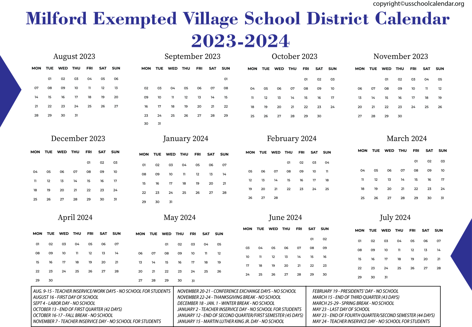 Milford Exempted Village School District Calendar for 20232024