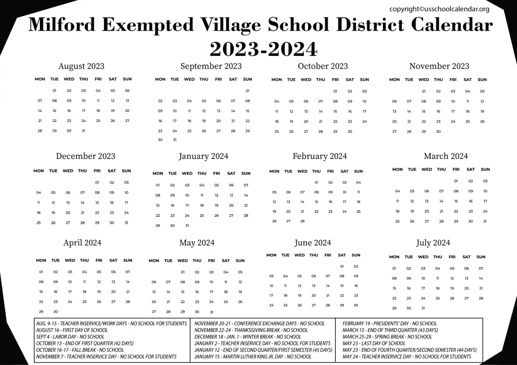 Milford Exempted Village School District Calendar 2023-2024 2