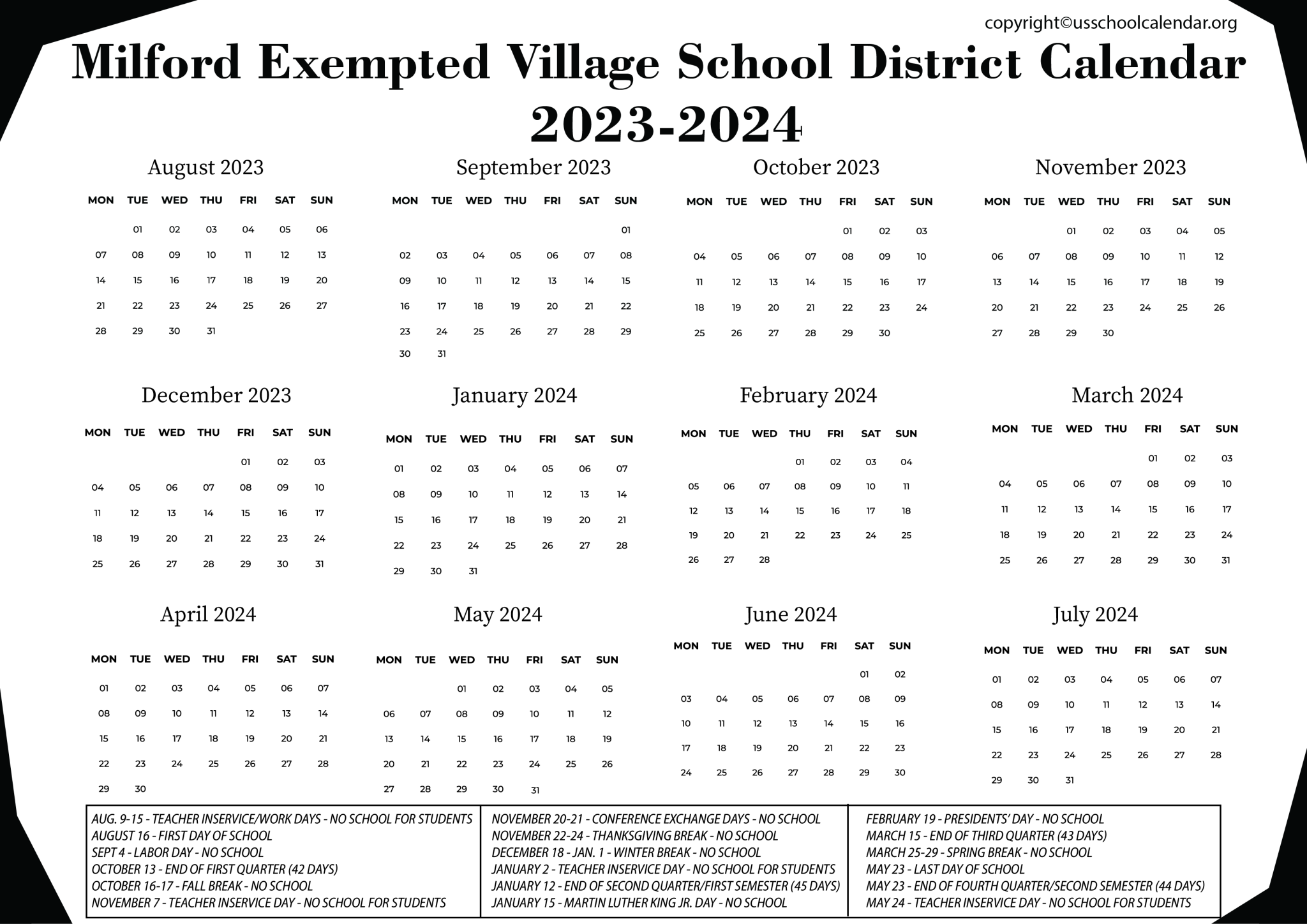 Milford Exempted Village School District Calendar for 20232024