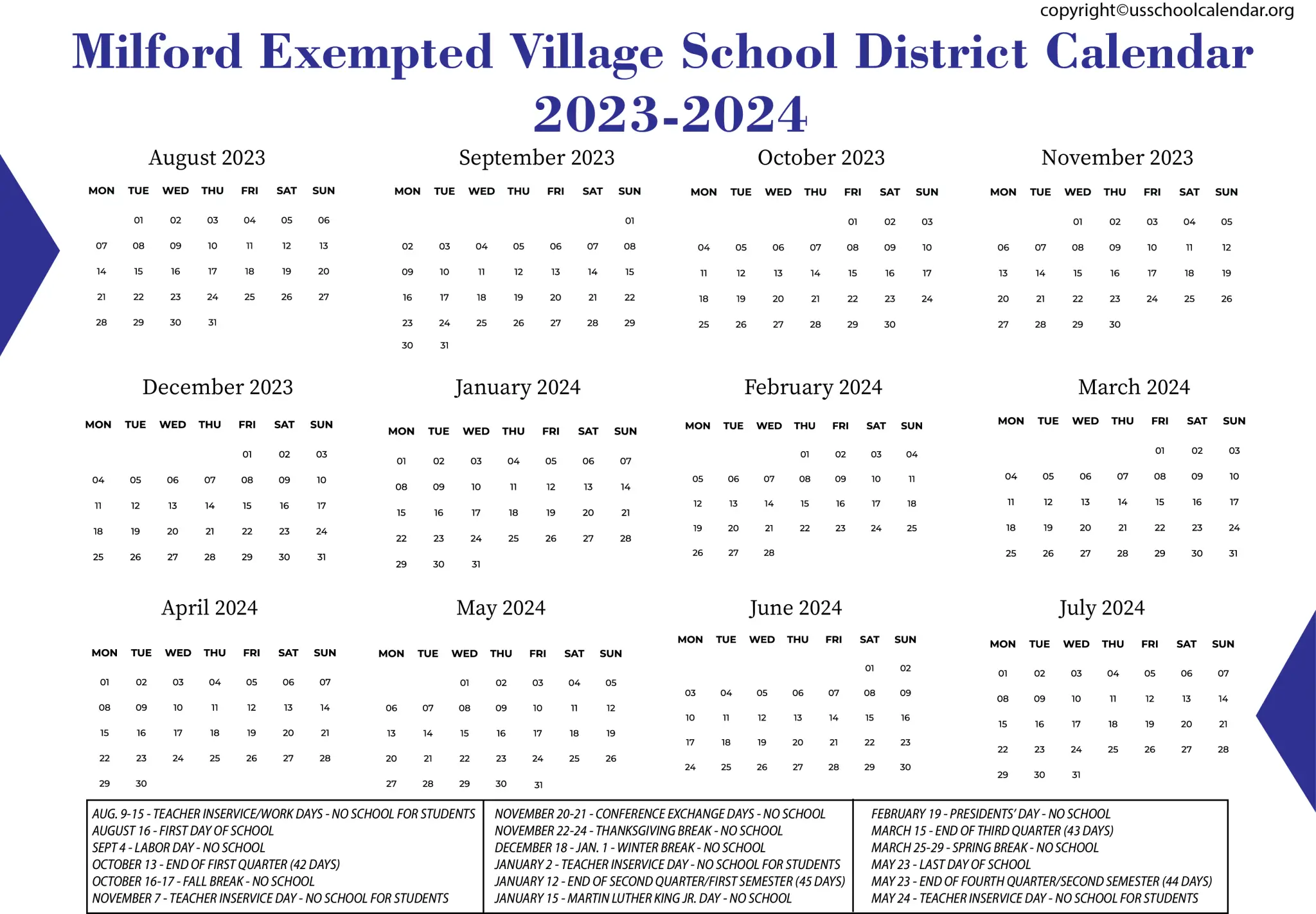 Milford Exempted Village School District Calendar for 2023-2024