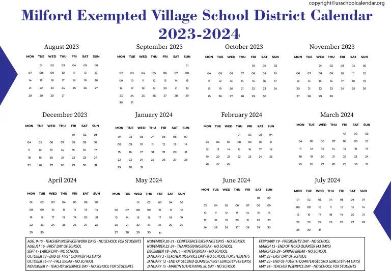 Milford Exempted Village School District Calendar for 20232024
