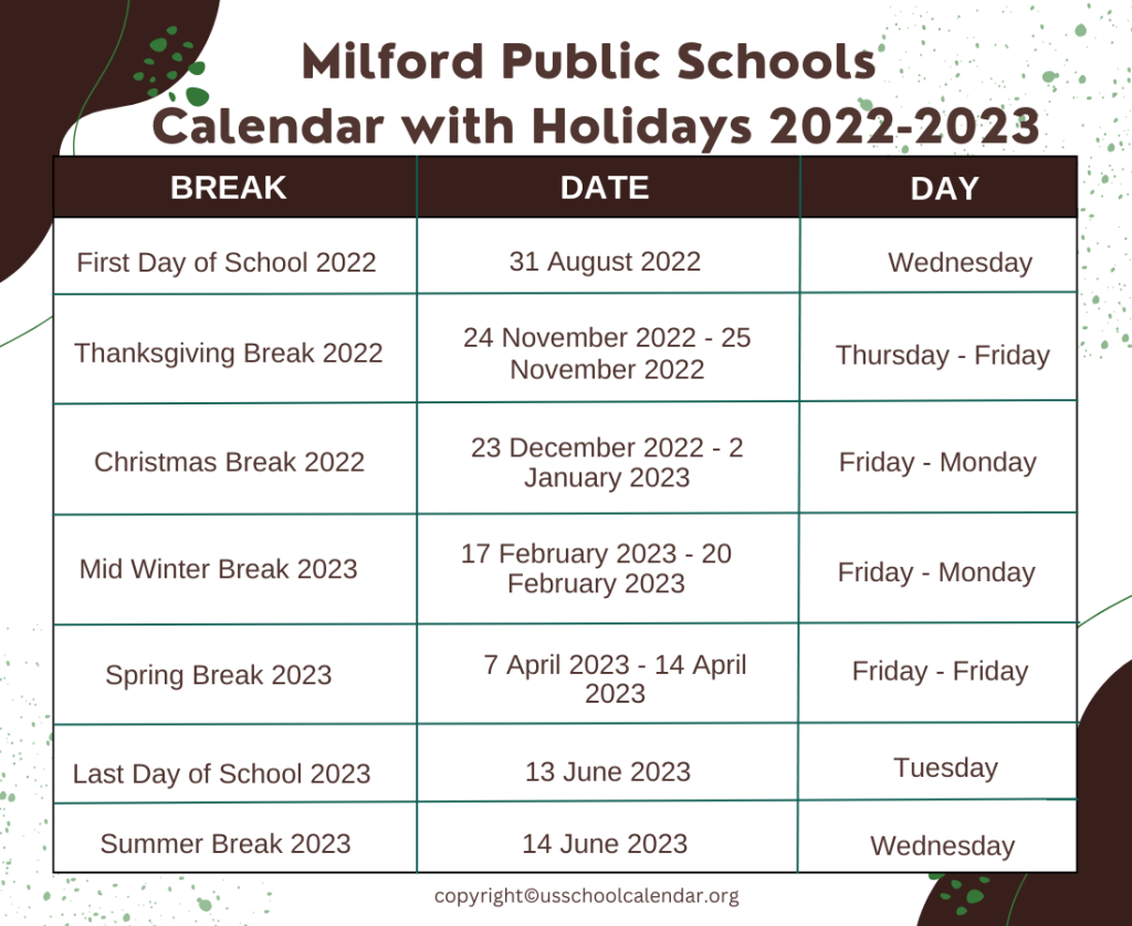 Milford Public Schools Calendar with Holidays 2022-2023