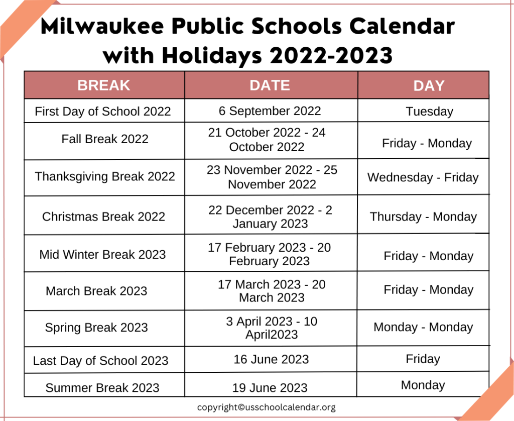 Milwaukee Public Schools Calendar with Holidays 2022-2023
