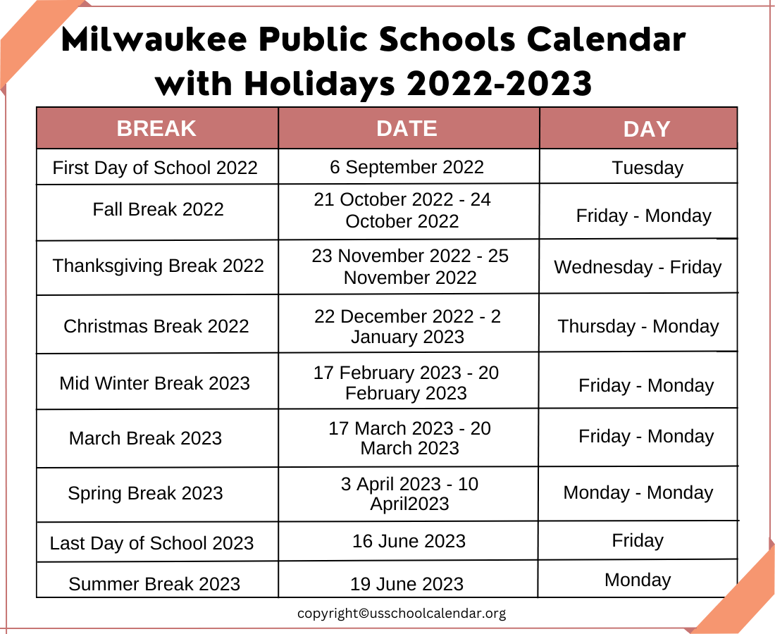 Milwaukee Public Schools Calendar US School Calendar