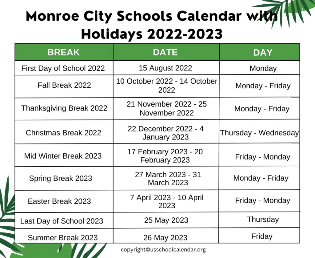 Monroe City Schools Calendar with Holidays 2022-2023