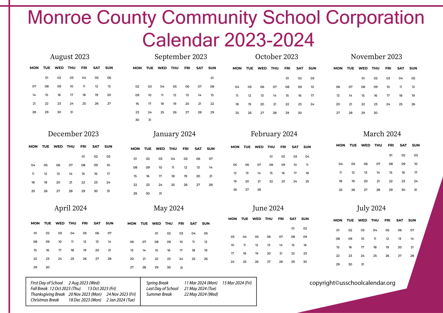 MCCSC Calendar - US School Calendar