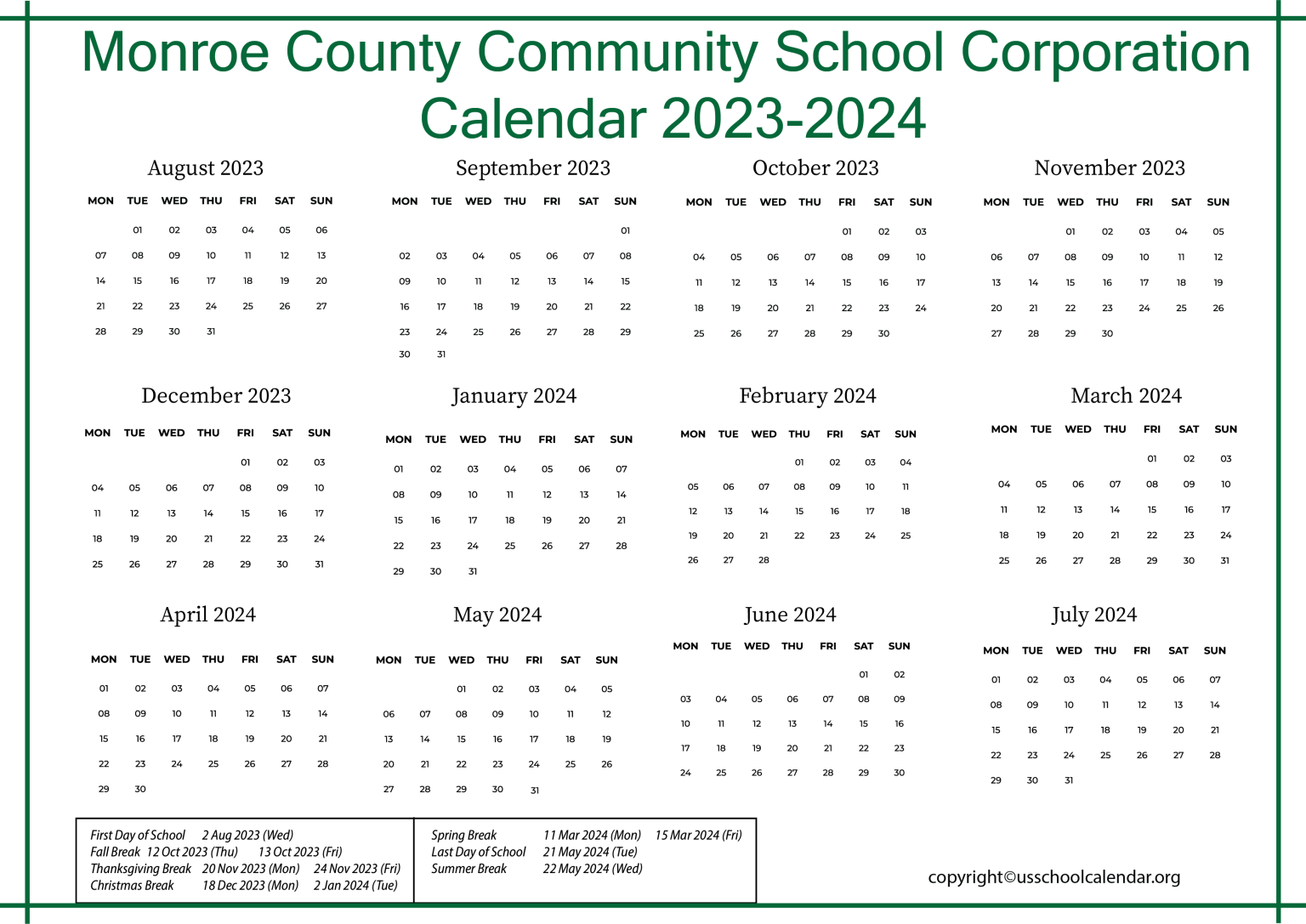 Monroe County Community School Corporation Calendar 2023-24