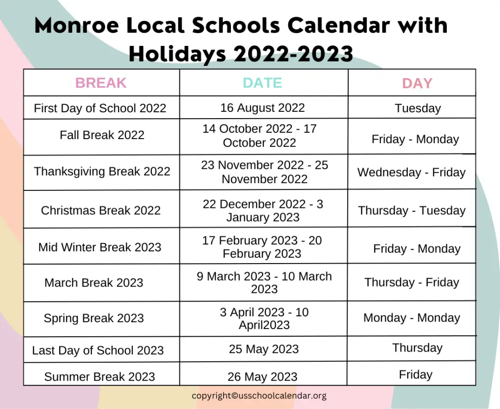 Monroe Local Schools Calendar with Holidays 2022-2023