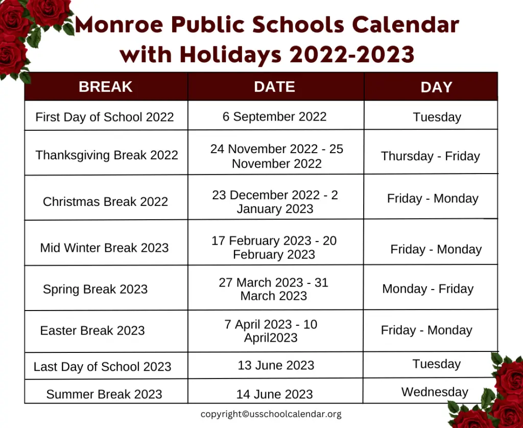 Monroe Public Schools Calendar with Holidays 2022-2023