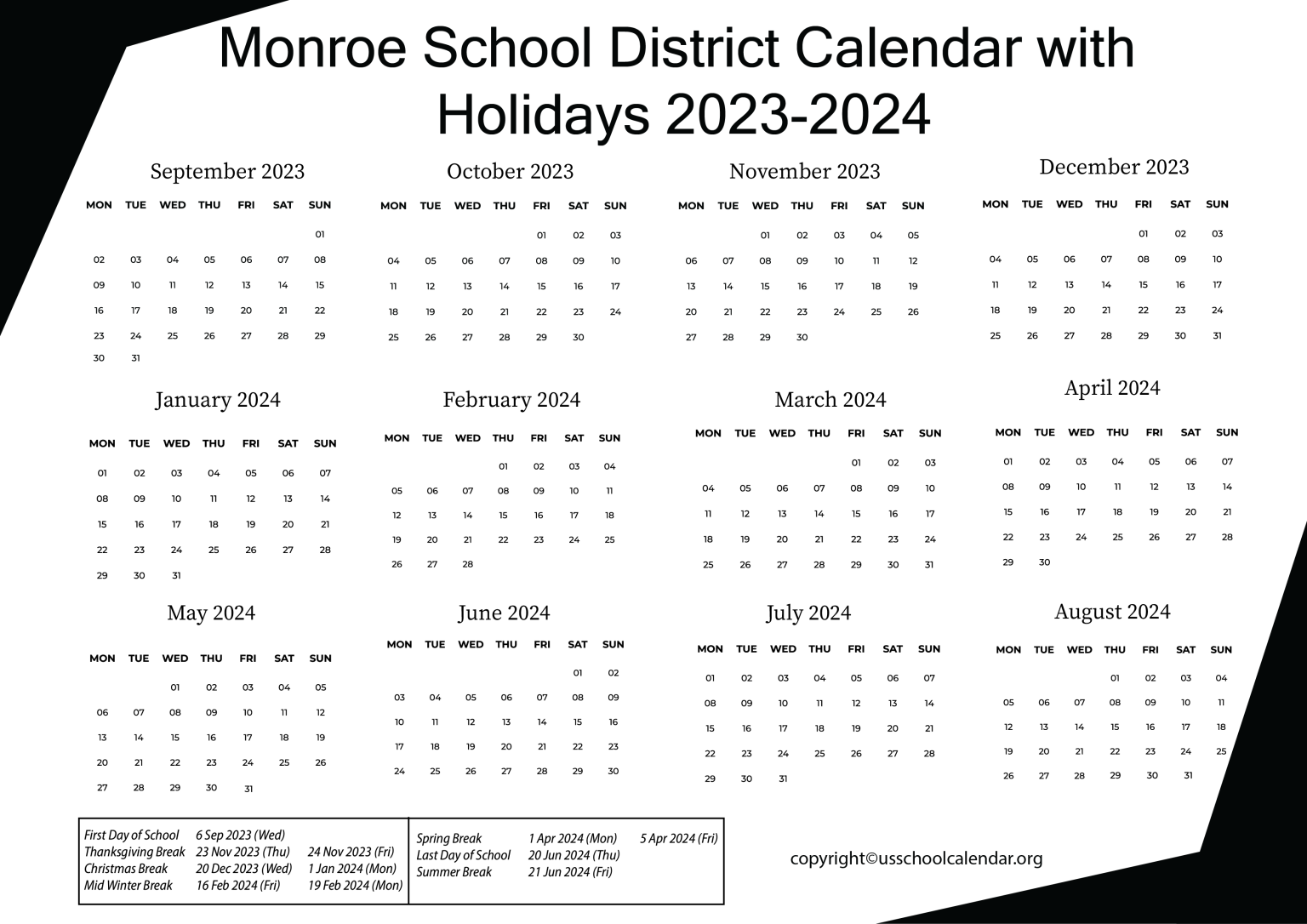 Monroe School District Calendar with Holidays 20232024