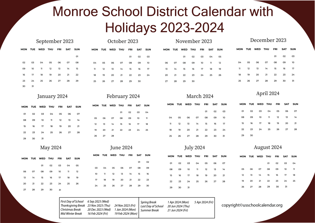 Monroe School District Calendar with Holidays 2023-2024 2