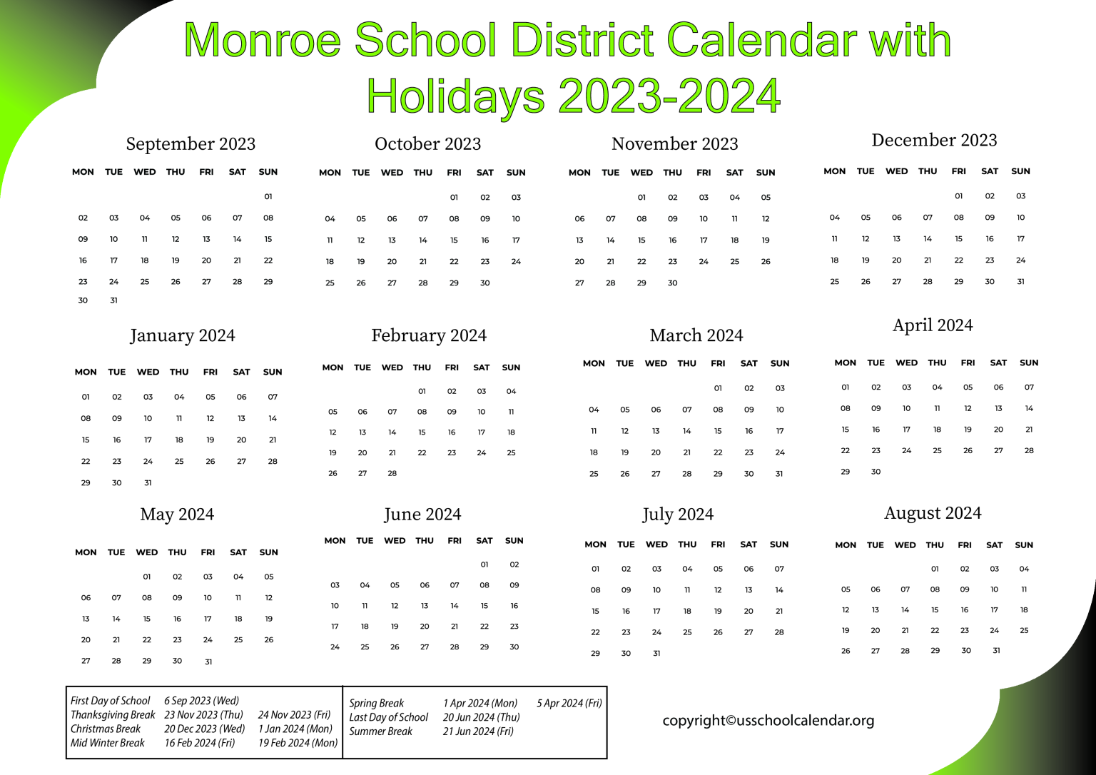 Monroe School District Calendar with Holidays 20232024