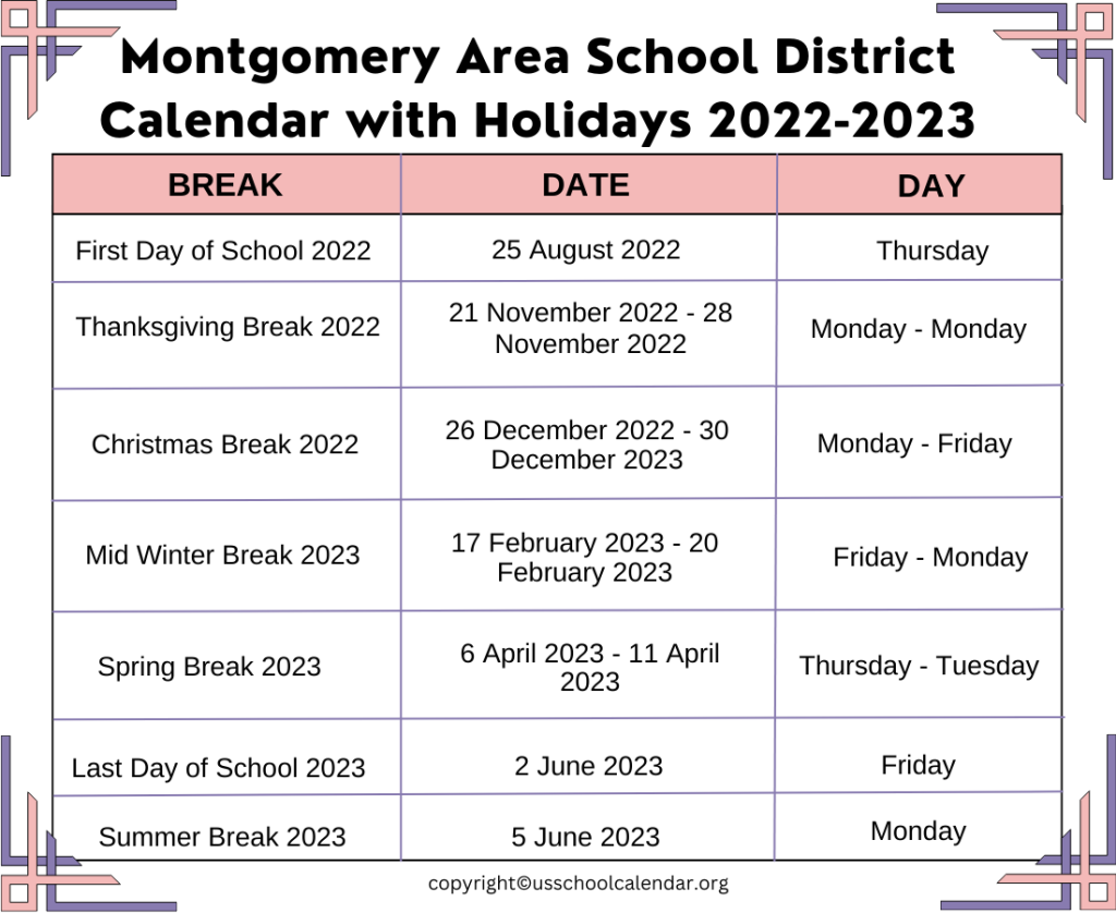 Montgomery Area School District Calendar with Holidays 2022-2023